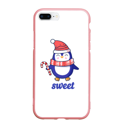 Чехол для iPhone 7Plus/8 Plus матовый с принтом Милый пингвин с конфетой и надписью  Sweet, вид спереди #2