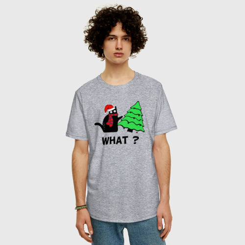 Мужская футболка хлопок Oversize с принтом Кот и Новый Год, фото на моделе #1