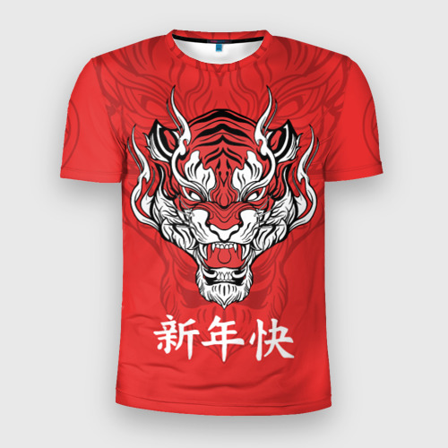 Мужская футболка 3D Slim с принтом Красный тигр - дракон, вид спереди #2