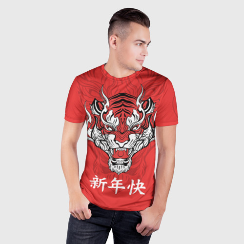 Мужская футболка 3D Slim с принтом Красный тигр - дракон, фото на моделе #1