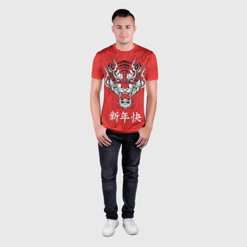 Мужская футболка 3D Slim с принтом Красный тигр - дракон, вид сбоку #3