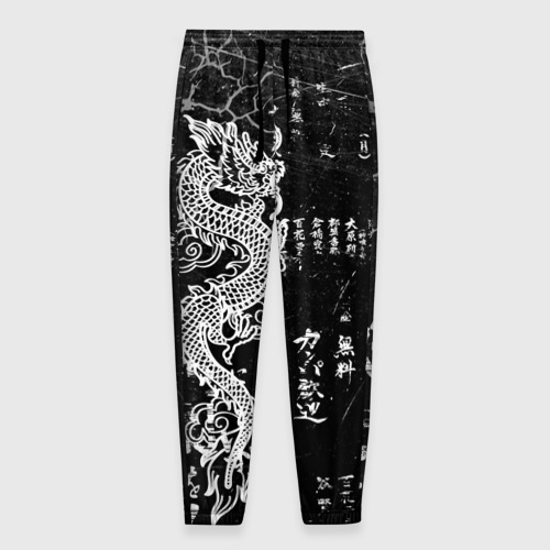 Мужские брюки с принтом Японский дракон и иероглифы, вид спереди №1