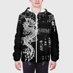 Куртка с принтом Японский дракон и иероглифы для мужчины, вид на модели спереди №3. Цвет основы: белый