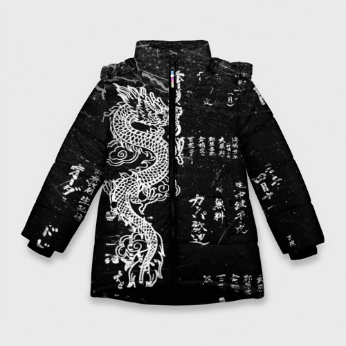 Зимняя куртка для девочек 3D Японский дракон и иероглифы, цвет черный