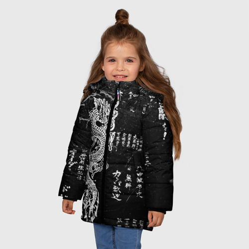 Зимняя куртка для девочек 3D Японский дракон и иероглифы, цвет черный - фото 3