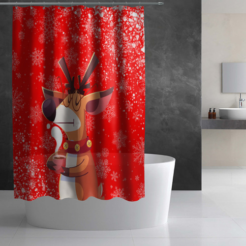 Штора 3D для ванной Новогодний олень и чашка кофе - фото 2