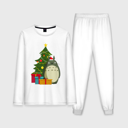 Мужская пижама из хлопка с лонгсливом с принтом Тоторо новогодний, вид спереди №1