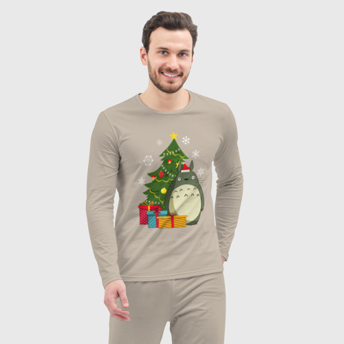 Мужская пижама с лонгсливом хлопок Тоторо новогодний, цвет миндальный - фото 5