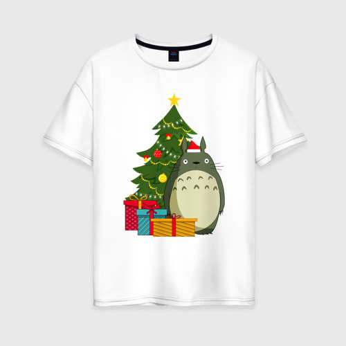 Женская футболка из хлопка оверсайз с принтом Тоторо новогодний, вид спереди №1