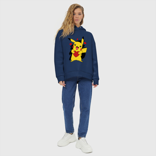 Женское худи Oversize хлопок Пикачу и сердечко Pokenon Pikachu love, цвет темно-синий - фото 6