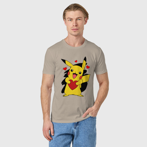 Мужская футболка хлопок Пикачу и сердечко Pokenon Pikachu love, цвет миндальный - фото 3