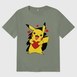 Женская футболка хлопок Oversize Пикачу и сердечко Pokenon Pikachu love