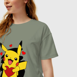 Женская футболка хлопок Oversize Пикачу и сердечко Pokenon Pikachu love - фото 2