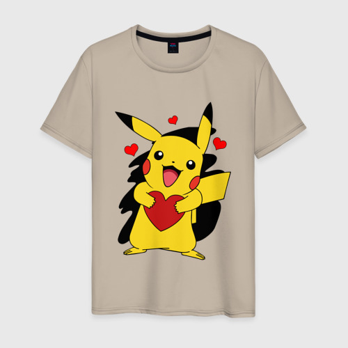 Мужская футболка хлопок Пикачу и сердечко Pokenon Pikachu love, цвет миндальный