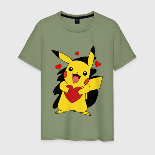 Мужская футболка хлопок Пикачу и сердечко Pokenon Pikachu love, цвет авокадо