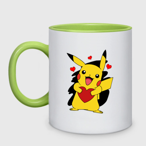 Кружка двухцветная Пикачу и сердечко Pokenon Pikachu love, цвет белый + светло-зеленый