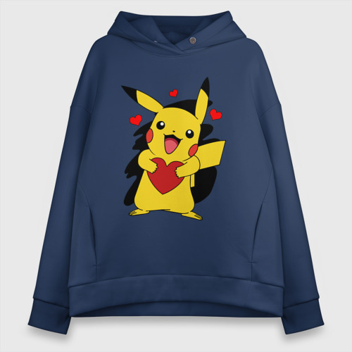 Женское худи Oversize хлопок Пикачу и сердечко Pokenon Pikachu love, цвет темно-синий