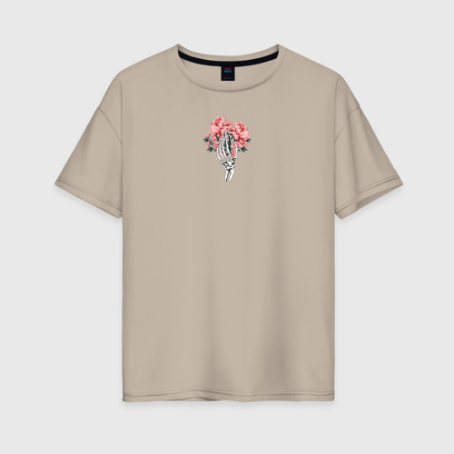 Женская футболка хлопок Oversize Скелет и пионы - современно и молодежно, цвет миндальный