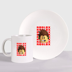 Набор: тарелка + кружка Roblox red logo Lego face