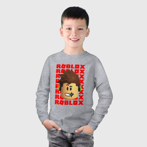 Детский лонгслив хлопок с принтом ROBLOX RED LOGO LEGO FACE, фото на моделе #1