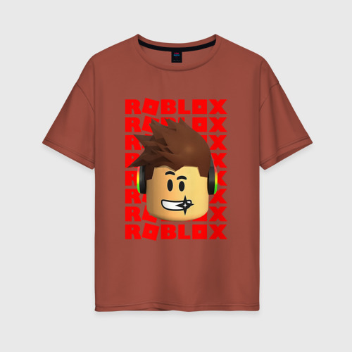 Женская футболка хлопок Oversize Roblox red logo Lego face, цвет кирпичный