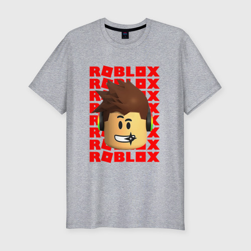 Мужская футболка хлопок Slim Roblox red logo Lego face, цвет меланж