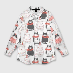 Мужская рубашка oversize 3D Новогодние котики ёлочки паттерн