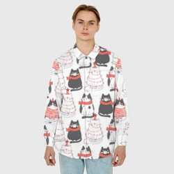 Мужская рубашка oversize 3D Новогодние котики ёлочки паттерн - фото 2