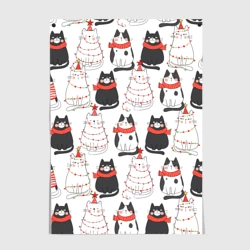 Постер Новогодние котики ёлочки паттерн