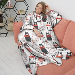 Плед с рукавами Новогодние котики ёлочки паттерн - фото 2