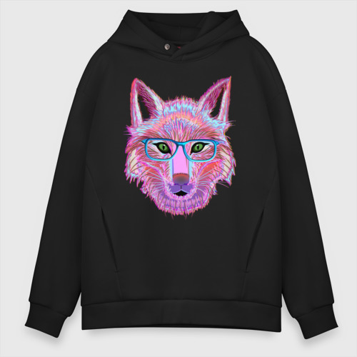 Мужское худи Oversize хлопок Neon fox in glass, цвет черный