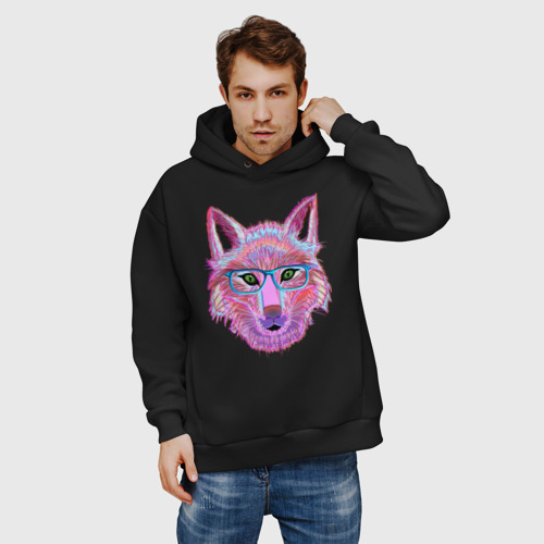 Мужское худи Oversize хлопок Neon fox in glass, цвет черный - фото 3