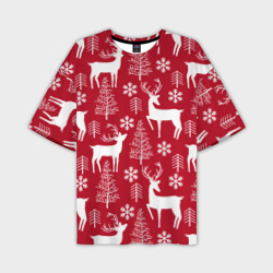 Мужская футболка oversize 3D Новогодние олени, елки и снежинки