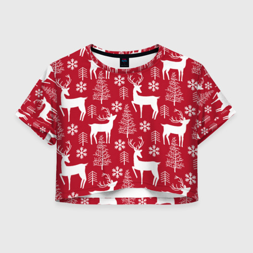 Женская футболка Crop-top 3D Новогодние олени, елки и снежинки, цвет 3D печать