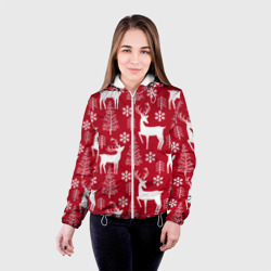 Женская куртка 3D Новогодние олени, елки и снежинки - фото 2