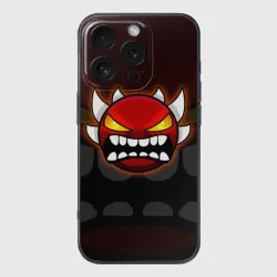 Чехол для iPhone 16 Pro силиконовый с защитой камеры Geometry Dash purple demon face