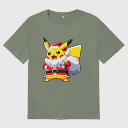 Женская футболка хлопок Oversize Новогодний Пикачу Санта Клаус