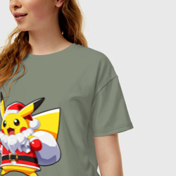 Женская футболка хлопок Oversize Новогодний Пикачу Санта Клаус - фото 2
