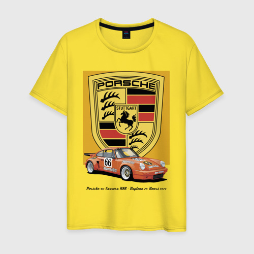 Мужская футболка хлопок Porsche 911 Carrera RSR - Daytona 24 Hours 1973, цвет желтый