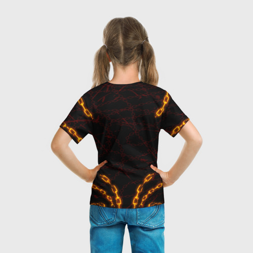 Детская футболка 3D с принтом GEOMETRY DASH ДЕМОН В ЦЕПЯХ ОГОНЬ, вид сзади #2