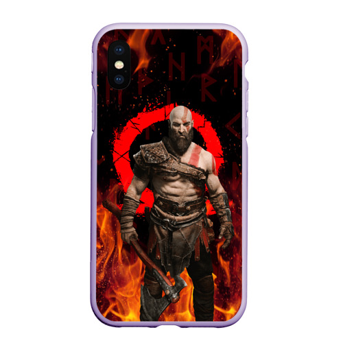 Чехол для iPhone XS Max матовый God of war Рагнарёк, Кратос в огне, цвет светло-сиреневый