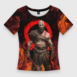 Женская футболка 3D Slim God of war Рагнарёк, Кратос в огне