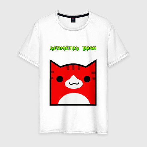 Мужская футболка из хлопка с принтом Geometry Dash cat skin/ геометри Даш кот скин, вид спереди №1