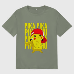 Женская футболка хлопок Oversize Пикачу в кепке Покемоны