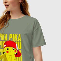 Женская футболка хлопок Oversize Пикачу в кепке Покемоны - фото 2