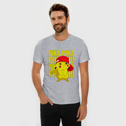 Мужская футболка хлопок Slim Пикачу в кепке Покемоны, цвет меланж - фото 3