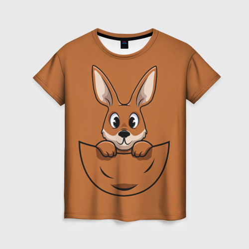 Женская футболка с принтом Милый кенгуренок в сумке, вид спереди №1