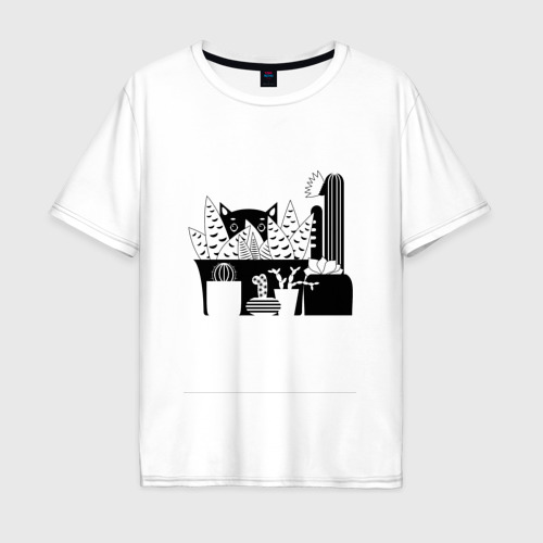 Мужская футболка хлопок Oversize Кот в кактусах ЧБ, цвет белый