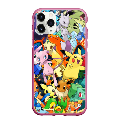 Чехол для iPhone 11 Pro Max матовый Аниме, Покемоны все персонажи Pokemon, цвет малиновый