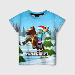 Детская футболка 3D Новогодний Майнкрафт на коне на фоне зимнего леса